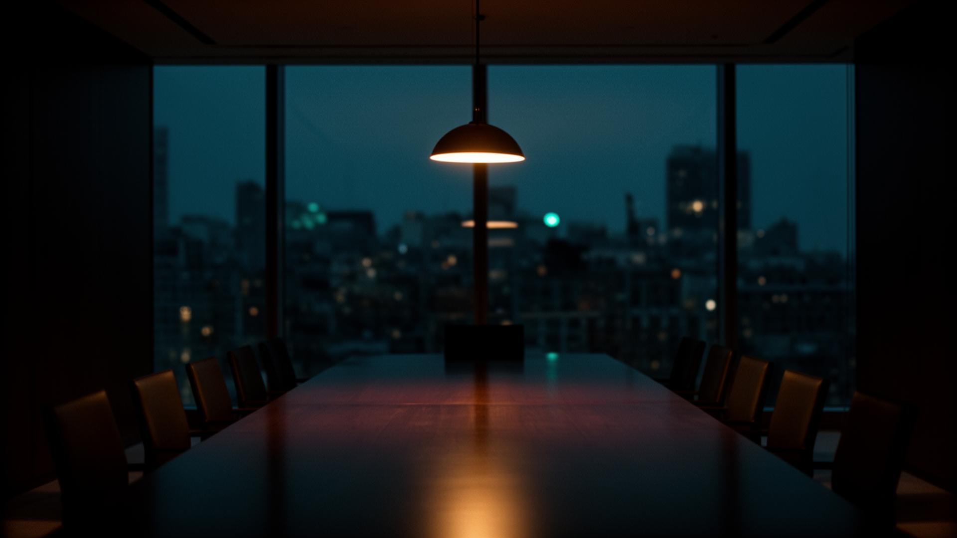 Empty boardroom at dusk with a single pendant lamp